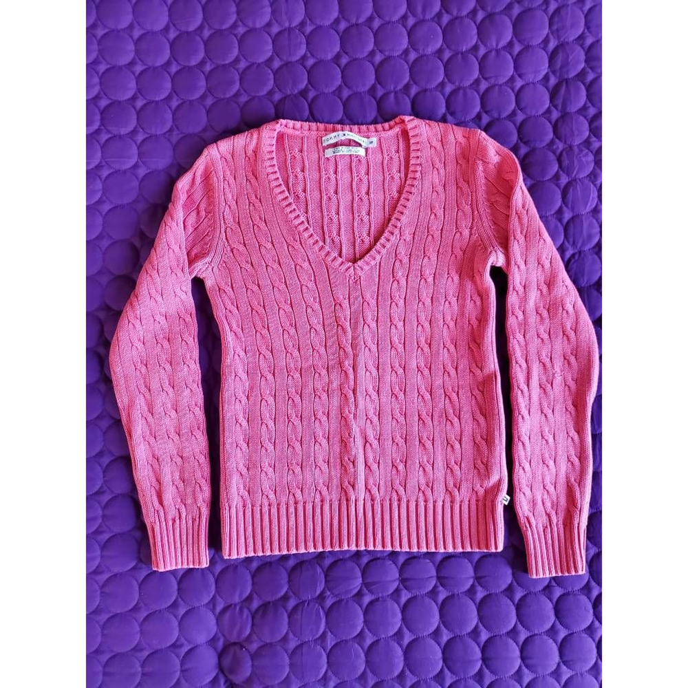 Y2K Tommy Hilfiger Coral Long Sleeve V Neck Pullover Sweater Cable Knit SP